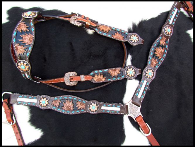 14205: Showman ® Sunflower Tooled Leather Browband headstall and breastcollar set with cowhide inl Headstall & Breast Collar Set Showman