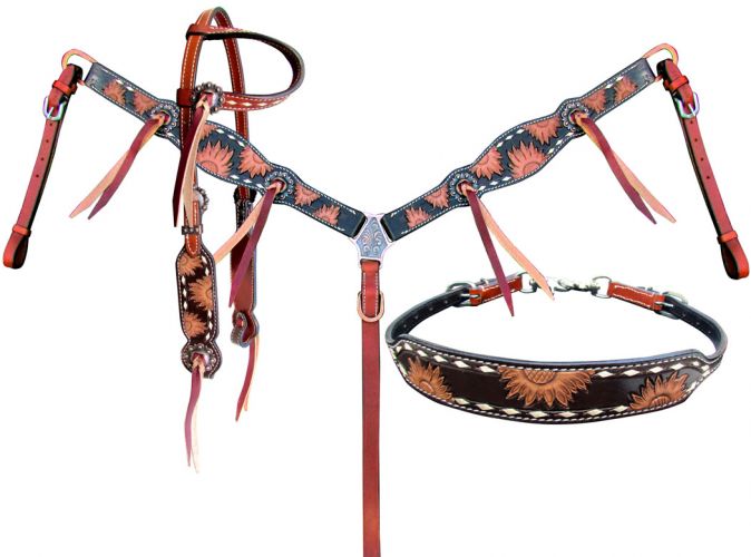 14207: Showman ® Engraved Sunflower Leather Single Ear headstall and breastcollar set Headstall & Breast Collar Set Showman