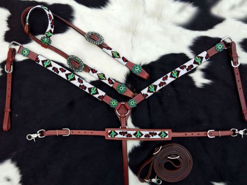 14246: Showman ® Beaded Cheetah and Cactus 4 Piece Headstall and Breastcollar Set Headstall & Breast Collar Set Showman