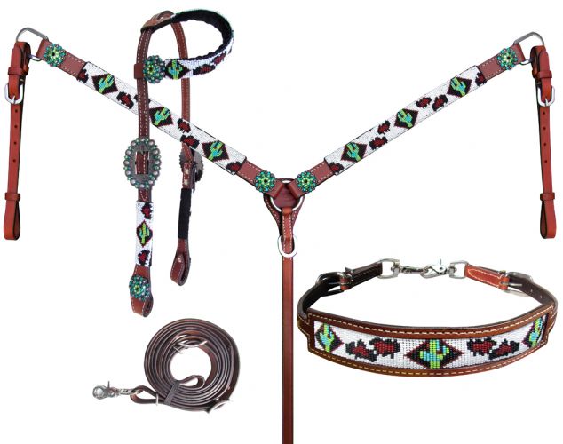 14246: Showman ® Beaded Cheetah and Cactus 4 Piece Headstall and Breastcollar Set Headstall & Breast Collar Set Showman