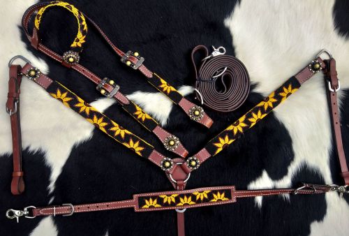 14247: Showman ® Beaded Sunflower 4 Piece Headstall and Breastcollar Set Headstall & Breast Collar Set Showman