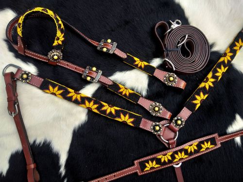 14247: Showman ® Beaded Sunflower 4 Piece Headstall and Breastcollar Set Headstall & Breast Collar Set Showman