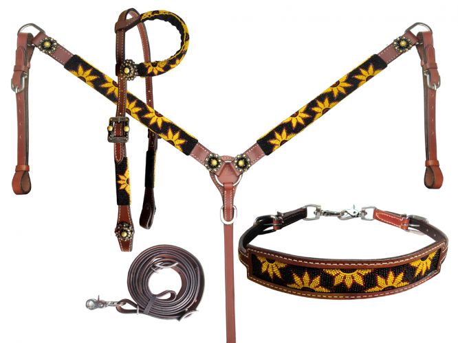 14247: Showman ® Beaded Sunflower 4 Piece Headstall and Breastcollar Set Headstall & Breast Collar Set Showman