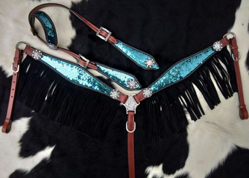 14249: Showman ® Turquoise and Silver Sequins Inlay Single Ear Headstall and Breast Collar Set wit Headstall & Breast Collar Set Showman