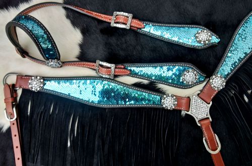 14249: Showman ® Turquoise and Silver Sequins Inlay Single Ear Headstall and Breast Collar Set wit Headstall & Breast Collar Set Showman