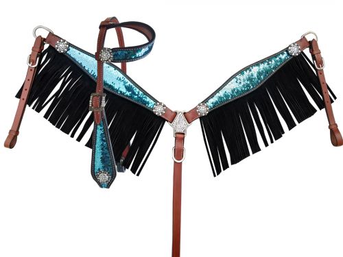 14249: Showman ® Turquoise and Silver Sequins Inlay Single Ear Headstall and Breast Collar Set wit Headstall & Breast Collar Set Showman