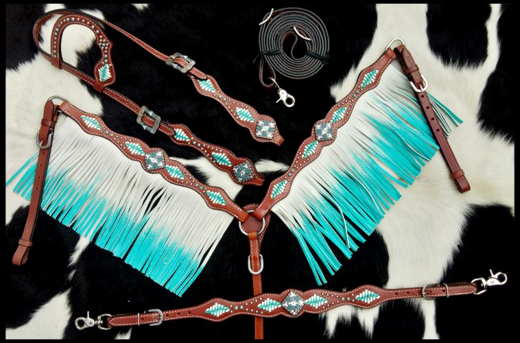 14257: Showman ® Turquoise and White leather laced one ear 4 piece headstall and breast collar set Headstall & Breast Collar Set Showman