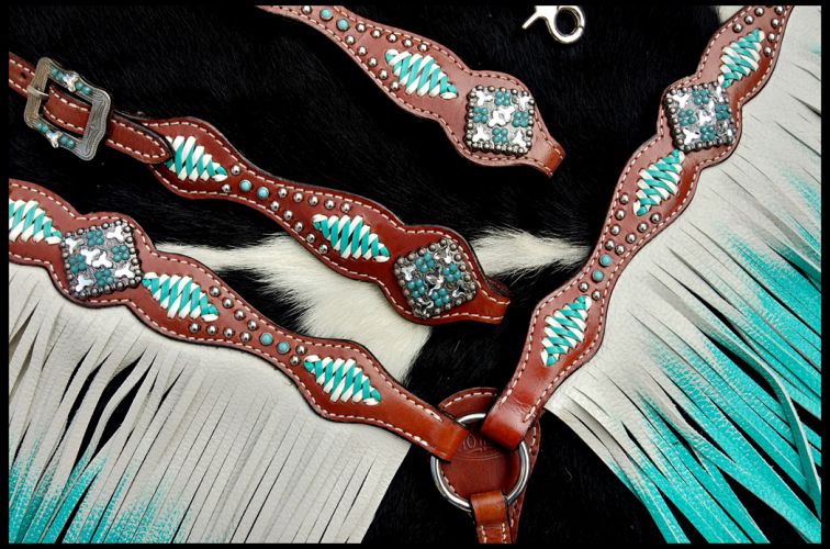 14257: Showman ® Turquoise and White leather laced one ear 4 piece headstall and breast collar set Headstall & Breast Collar Set Showman