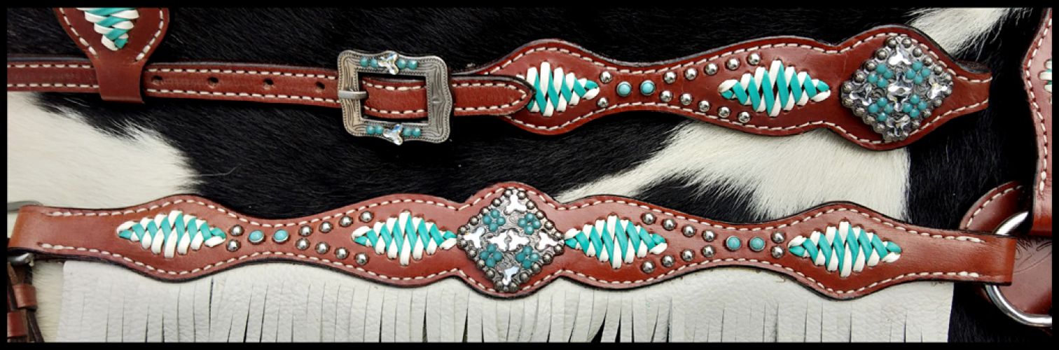 14257: Showman ® Turquoise and White leather laced one ear 4 piece headstall and breast collar set Headstall & Breast Collar Set Showman