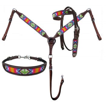 14264: Showman ® Brightly Beaded Southwest and Cactus 3 Piece Headstall and Breastcollar Set Headstall & Breast Collar Set Showman