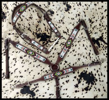 14266: Showman ® Beaded Southwest and Arrow Design 3 Piece Headstall and Breastcollar Set Headstall & Breast Collar Set Showman