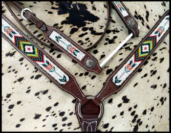 14266: Showman ® Beaded Southwest and Arrow Design 3 Piece Headstall and Breastcollar Set Headstall & Breast Collar Set Showman