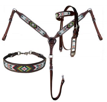 14266: Showman ® Beaded Southwest and Arrow Design 3 Piece Headstall and Breastcollar Set Headstall & Breast Collar Set Showman