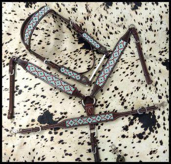 14267: Showman ® Beaded Southwest Design 3 Piece Headstall and Breastcollar Set Headstall & Breast Collar Set Showman