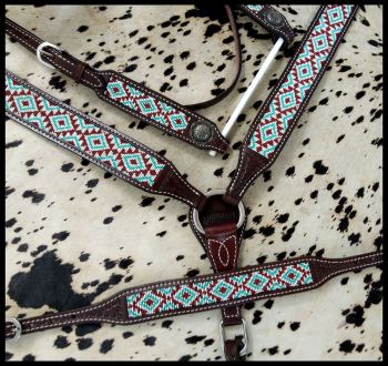 14267: Showman ® Beaded Southwest Design 3 Piece Headstall and Breastcollar Set Headstall & Breast Collar Set Showman