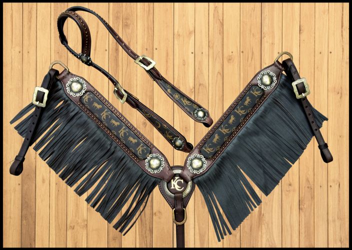 14279KC: Klassy Cowgirl Argentina Cow Leather Headstall and Breast Collar Set with Motif Inlay and Headstall & Breast Collar Set Showman Saddles and Tack