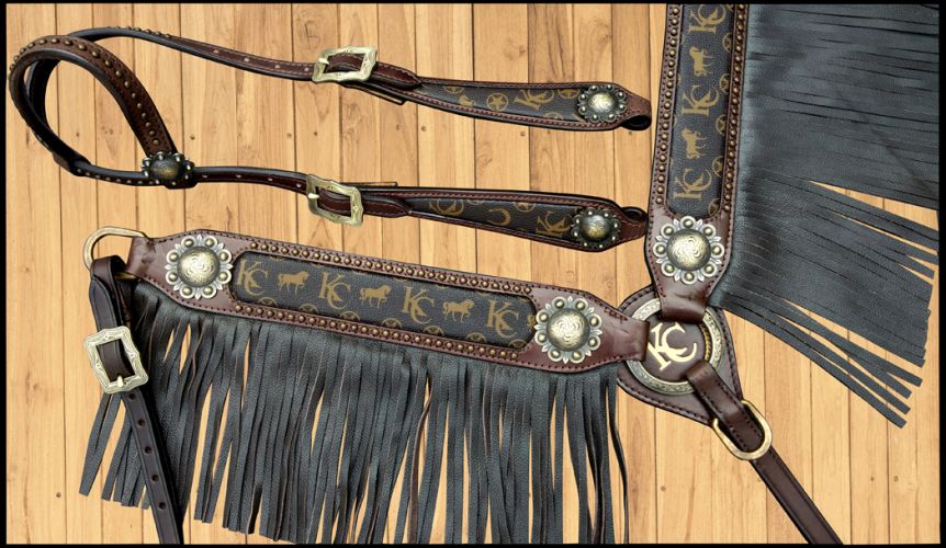 14279KC: Klassy Cowgirl Argentina Cow Leather Headstall and Breast Collar Set with Motif Inlay and Headstall & Breast Collar Set Showman Saddles and Tack