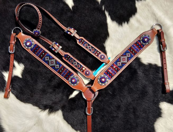 14286: Showman ® One ear headstall and breast collar set with red, white, and blue crystal rhinest Headstall & Breast Collar Set Showman