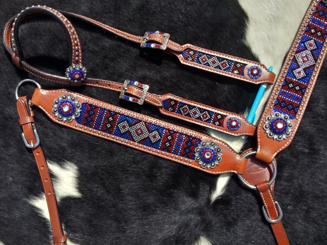 14286: Showman ® One ear headstall and breast collar set with red, white, and blue crystal rhinest Headstall & Breast Collar Set Showman