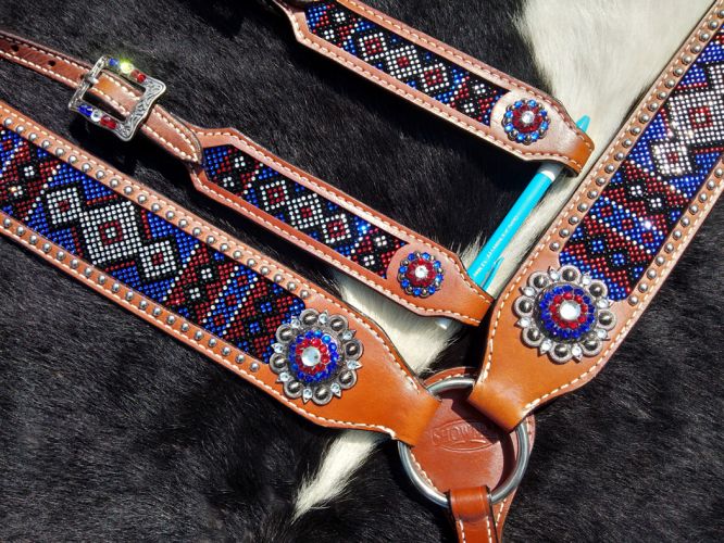 14286: Showman ® One ear headstall and breast collar set with red, white, and blue crystal rhinest Headstall & Breast Collar Set Showman