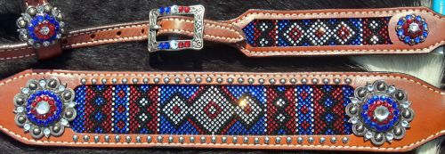 14286: Showman ® One ear headstall and breast collar set with red, white, and blue crystal rhinest Headstall & Breast Collar Set Showman