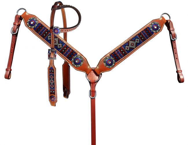 14286: Showman ® One ear headstall and breast collar set with red, white, and blue crystal rhinest Headstall & Breast Collar Set Showman