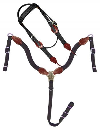14336: Showman ® Nylon Brow Band Headstall and Breast collar set with leather accents Headstall & Breast Collar Set Showman