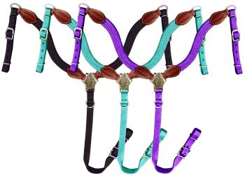 14336: Showman ® Nylon Brow Band Headstall and Breast collar set with leather accents Headstall & Breast Collar Set Showman