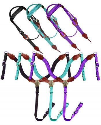 14336: Showman ® Nylon Brow Band Headstall and Breast collar set with leather accents Headstall & Breast Collar Set Showman