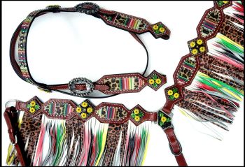 14344: Showman ® Cheetah/ Serape print browband headstall and fringe breast collar set Headstall & Breast Collar Set Showman