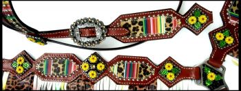 14344: Showman ® Cheetah/ Serape print browband headstall and fringe breast collar set Headstall & Breast Collar Set Showman