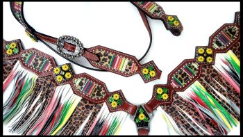 14344: Showman ® Cheetah/ Serape print browband headstall and fringe breast collar set Headstall & Breast Collar Set Showman