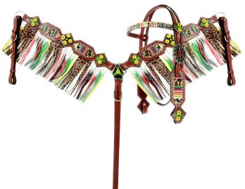 14344: Showman ® Cheetah/ Serape print browband headstall and fringe breast collar set Headstall & Breast Collar Set Showman