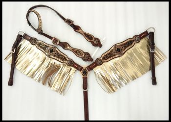 14376: Showman ® Cheetah print one ear headstall and breast collar set with gold metallic fringe Headstall & Breast Collar Set Showman