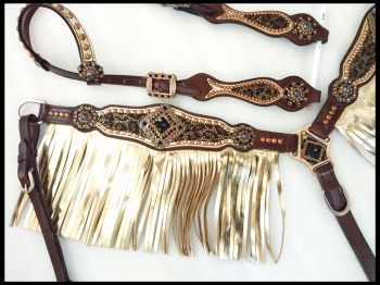 14376: Showman ® Cheetah print one ear headstall and breast collar set with gold metallic fringe Headstall & Breast Collar Set Showman
