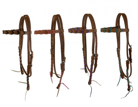 14384: Showman ® Argentina cow leather brow band headstall with colored lacing, with quick tie end Primary Showman