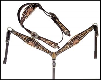 14388: Showman ® Cheetah hair on inlay with sunflower accent browband headstall and breast collar Headstall & Breast Collar Set Showman