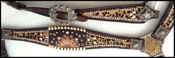 14388: Showman ® Cheetah hair on inlay with sunflower accent browband headstall and breast collar Headstall & Breast Collar Set Showman