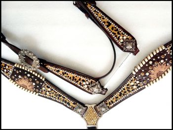14388: Showman ® Cheetah hair on inlay with sunflower accent browband headstall and breast collar Headstall & Breast Collar Set Showman