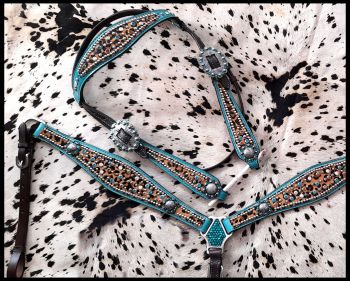 14390: Showman ® Hair on Cheetah inlay with metallic teal accent browband headstall and breast col Headstall & Breast Collar Set Showman