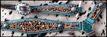 14390: Showman ® Hair on Cheetah inlay with metallic teal accent browband headstall and breast col Headstall & Breast Collar Set Showman