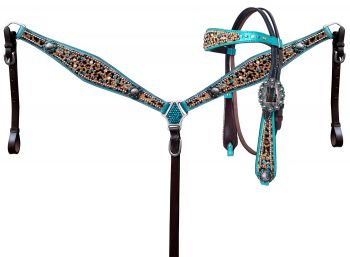 14390: Showman ® Hair on Cheetah inlay with metallic teal accent browband headstall and breast col Headstall & Breast Collar Set Showman