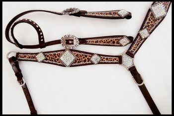 14391: Showman ® Cheetah print one ear headstall and breast collar set with rhinestone accents Headstall & Breast Collar Set Showman