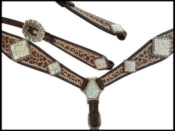 14391: Showman ® Cheetah print one ear headstall and breast collar set with rhinestone accents Headstall & Breast Collar Set Showman
