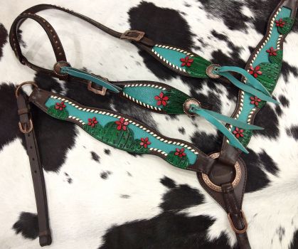 14395: Showman ®Painted Cactus with 3D flower accent one ear headstall breast collar set Headstall & Breast Collar Set Showman