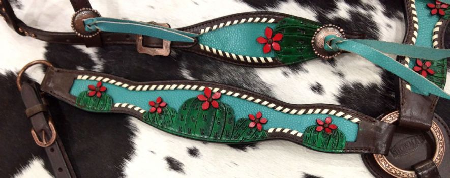 14395: Showman ®Painted Cactus with 3D flower accent one ear headstall breast collar set Headstall & Breast Collar Set Showman