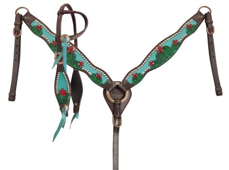 14395: Showman ®Painted Cactus with 3D flower accent one ear headstall breast collar set Headstall & Breast Collar Set Showman