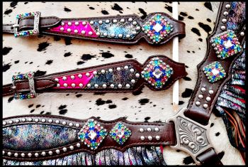 14413: Showman ® Rainbow Inlay metallic with pink metallic accent one ear headstall and breast col Headstall & Breast Collar Set Showman