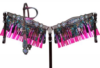 14413: Showman ® Rainbow Inlay metallic with pink metallic accent one ear headstall and breast col Headstall & Breast Collar Set Showman