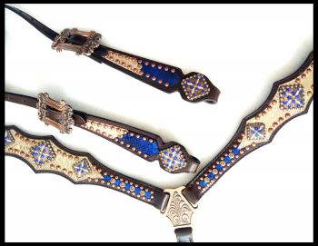 14414: Showman ® Royal Blue and Gold metallic Braided Single Ear Headstall and Breast Collar Set Headstall & Breast Collar Set Showman